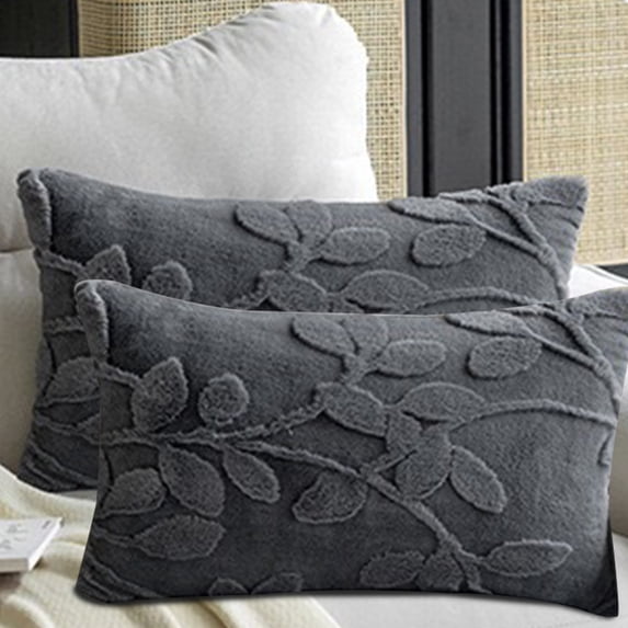 SUSIELADY Throw Pillow Covers 20x12 Inch Set of 2 – Leaf Pattern Plush Decorative Pillowcases for Couch Bed Sofa Farmhouse Spring Summer Decor, Dark Gray