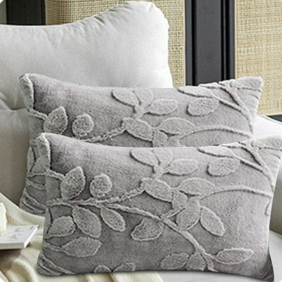 SUSIELADY Throw Pillow Covers 20x12 Inch Set of 2 – Leaf Pattern Plush Decorative Pillowcases for Couch Bed Sofa Farmhouse Spring Summer Decor, Light Gray
