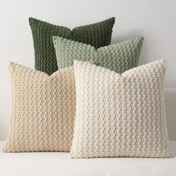 SUSIELADY Throw Pillow Covers 20x20 Set of 4, Super Soft Boho Corduroy Decorative Cushion Cases, Solid Color Plush Texture Pillow Covers for Sofa Couch Chair, Beige Green