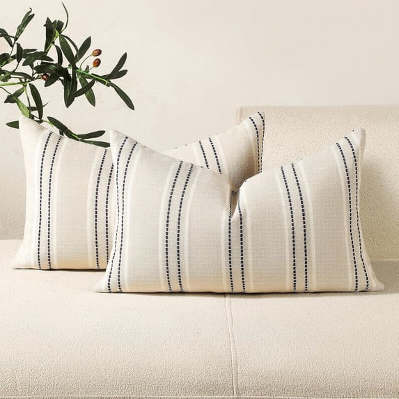 SUSIELADY Throw Pillow Covers Set of 2, 20x12" Linen Decorative Square Cushion Covers for Sofa Couch Bed, Textured Striped Farmhouse Pillows, Living Room Accent, Navy Blue
