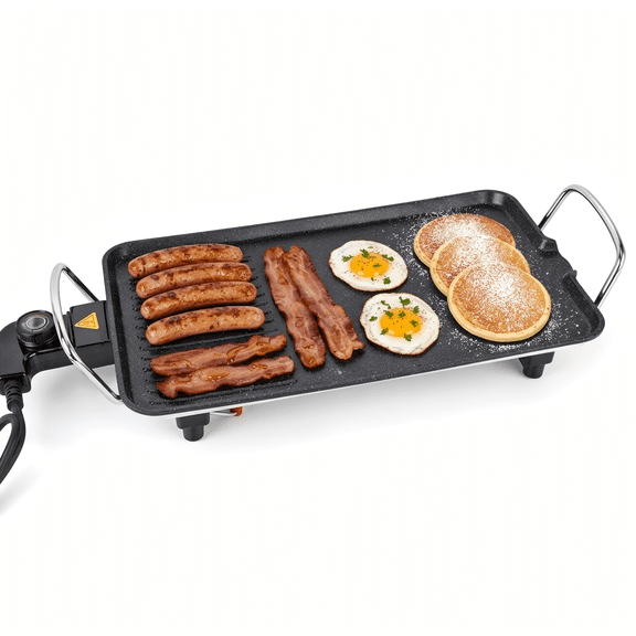 SUSLAS Electric Griddle - 15.75” x 9.06” Extra-Wide Nonstick Electric Grill Pan with Dual Cooking Zones and Adjustable Temperature Control, Black