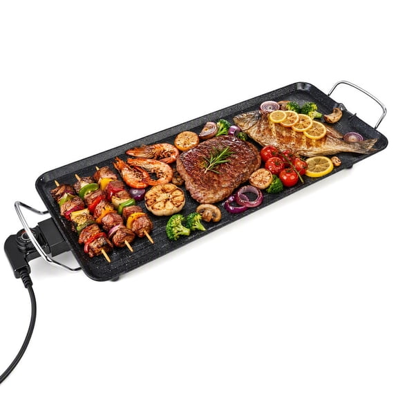 SUSLAS Electric Griddle - 26.77” x 11.42” Extra-Wide Nonstick Electric Grill Pan with Dual Cooking Zones and Adjustable Temperature Control, Black
