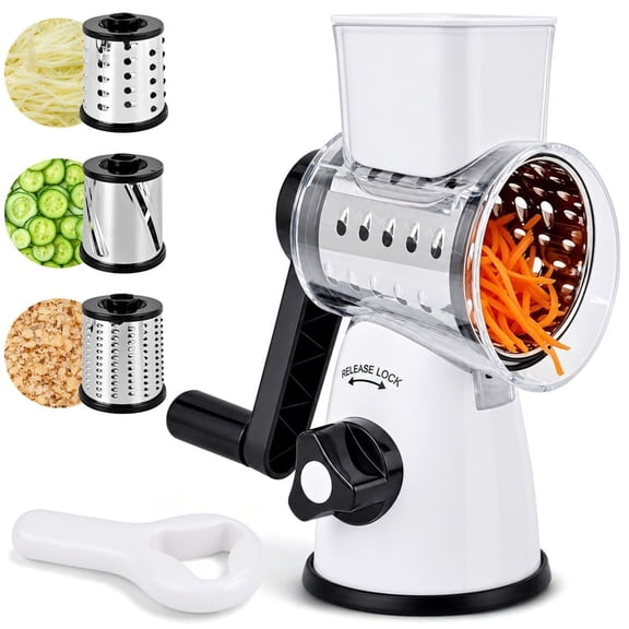 SUSLAS Rotary Cheese Grater Hand Crank with 3 Integrated Drum Blades, Upgraded Suction Base, Durable Stainless Steel, for Cheese, Vegetables, Nuts, White