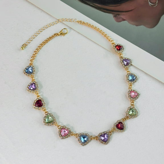 SUSOLA Heart Shaped Colorful Necklace, Necklaces For Women, Elegant Rhinestone Decor Necklace For Women Mother'S Day Gift, Fashion Accessories For Party, Daily