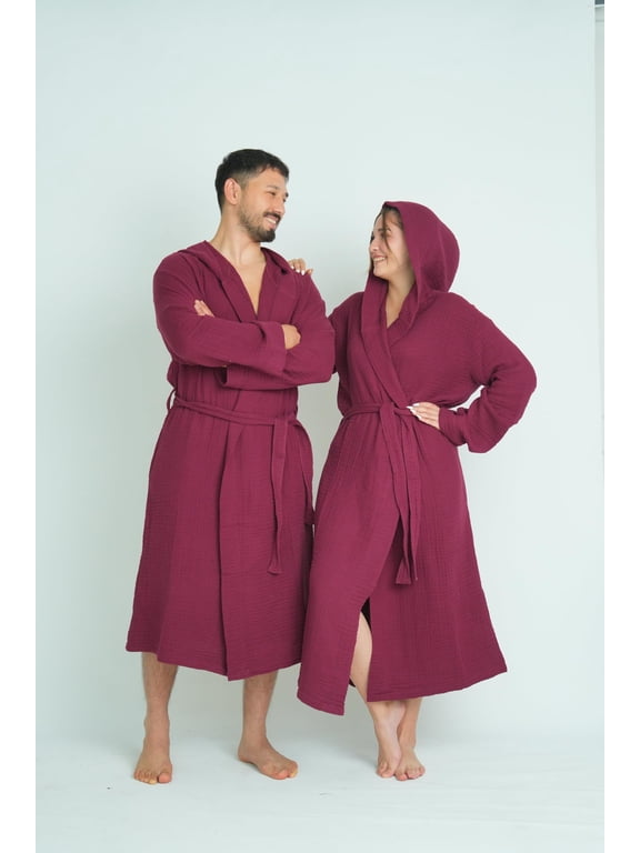 100% Cotton Muslin Robe – Lightweight Bathrobe for Women and Men, Large/XL, Burgundy