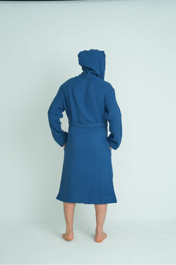 100% Cotton Muslin Robe Lightweight Bathrobe for Women and Men, Large/XL, Navy Blue