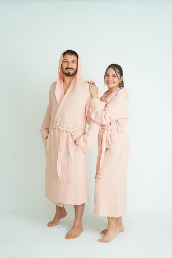 100% Cotton Muslin Robe Lightweight Bathrobe for Women and Men, Small/Medium, Salmon