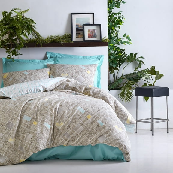 SUSSEXHOME Beige Creations %100 Cotton Duvet Cover Set, Turquoise, Queen Size Duvet Cover, 1 Duvet Cover, 1 Fitted Sheet and 2 Pillowcases, Iron Safe, Hypoallergenic, Breathable Bedding Set