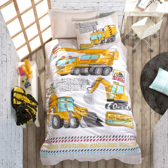 SUSSEXHOME Building White Cotton Duvet Cover Set Yellow, Twin Size Duvet Cover, 1 Duvet Cover, 1 Fitted Sheet and 2 Pillowcases, Iron Safe, Hypoallergenic, Breathable , Machine Washable