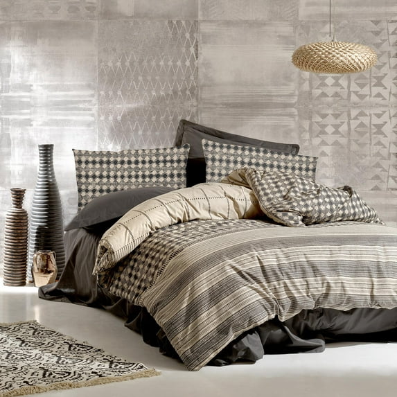 SUSSEXHOME Cream Lines Cotton Duvet Cover Set Anthracite, King Size Cotton Duvet Cover Set, 1 Duvet Cover, 1 Fitted Sheet and 2 Pillowcases, Machine Washable, Iron Safe, Hypoallergenic, Breathable