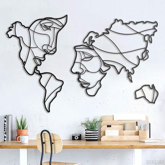 SUSSEXHOME Faces of World Map Metal Wall Decor - Unique Cultural Wall Art for Home or Office, Modern Style (41" L x 27" W / 105x68 cm)