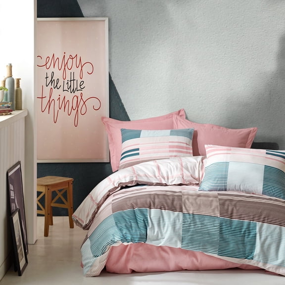 SUSSEXHOME Mint Meets Pink %100 Cotton Duvet Cover Set Pink, Queen Size Duvet Cover, 1 Duvet Cover, 1 Fitted Sheet and 2 Pillowcases, Iron Safe, Hypoallergenic, Breathable Bedding Set