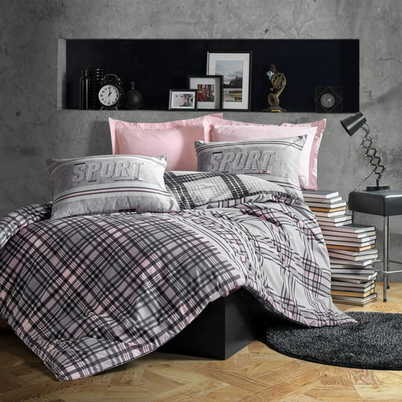SUSSEXHOME Sports in Blush Gray Cotton Duvet Cover Set Pink, Full Size Duvet Cover, 1 Duvet Cover, 1 Fitted Sheet and 2 Pillowcases, Iron Safe, Hypoallergenic, Breathable , Machine Washable