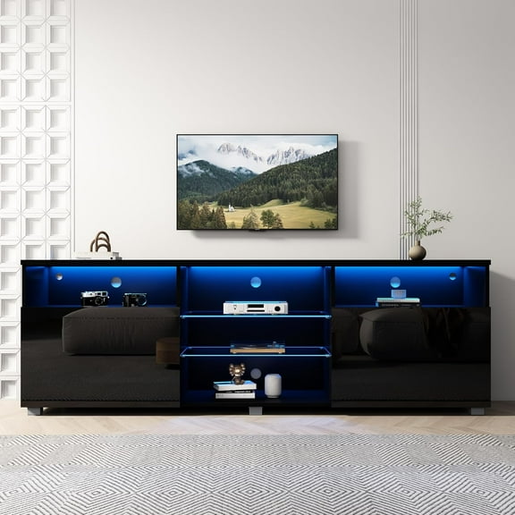 SUSSURRO LED TV Stand for 65/70 inch TV, Television Table Center Media Console with Drawer and Led Lights, High Glossy Modern Entertainment Center for Living Game Room Bedroom, Black