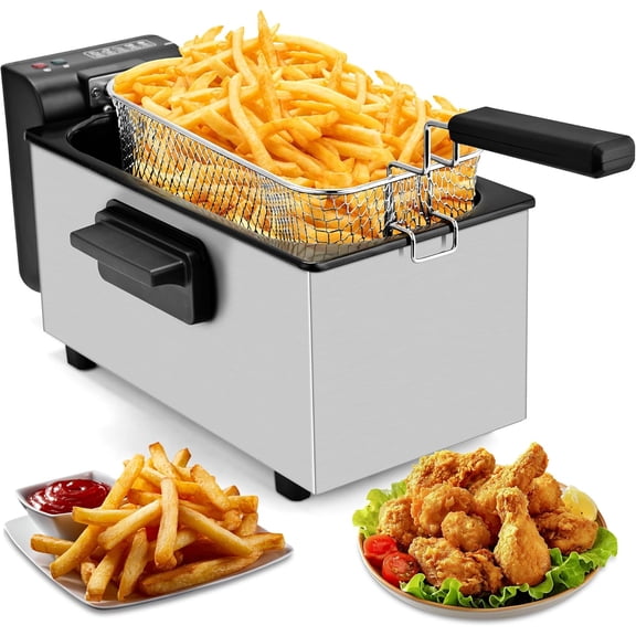 SUSTEAS 3 Liter/2.7QT Electric Deep Fryer, 1500W, Timer Control, Adjustable Temperature, Lid with Viewing Window and Removable Frying Basket, Stainless Steel, Perfect for Kitchen, French Fries