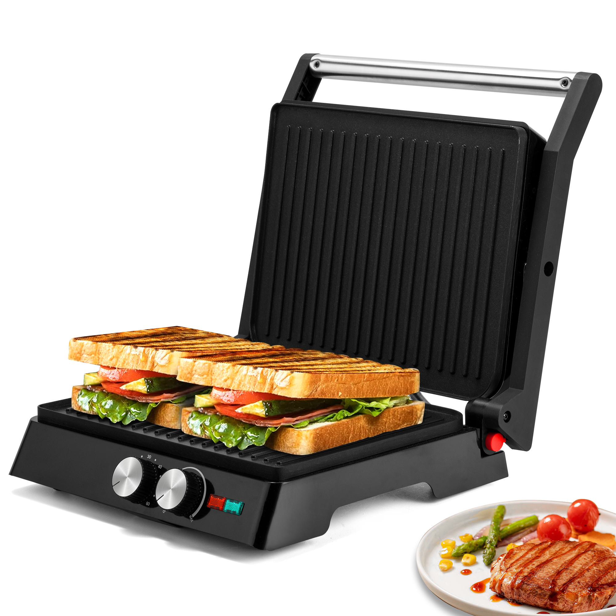 SUSTEAS 3in1 Nonstick Panini Press & Indoor Grill, Opens 180Degree