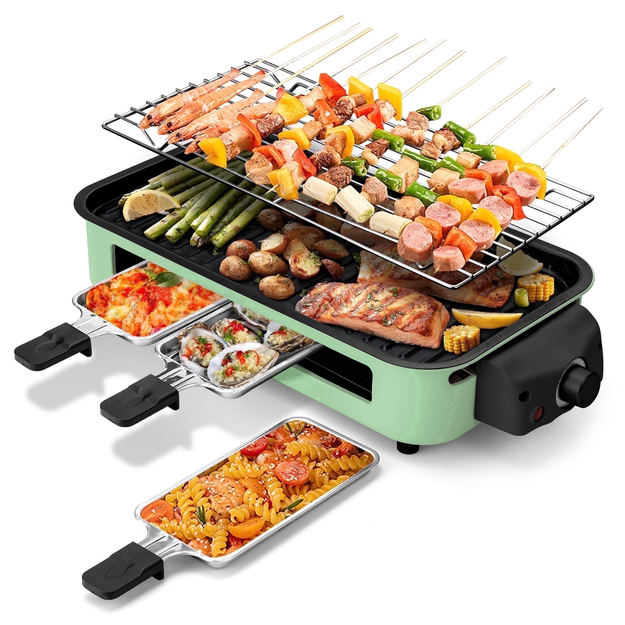 SUSLAS Electric Indoor Grill & Griddle, 1500W Smokeless Design with 3 Removable Nonstick Plates, Dishwasher Safe, Adjustable Temperature Control for Indoor Cooking(green)