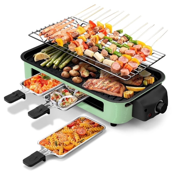 SUSLAS Electric Indoor Grill & Griddle, 1500W Smokeless Design with 3 Removable Nonstick Plates, Dishwasher Safe, Adjustable Temperature Control for Indoor Cooking(green)