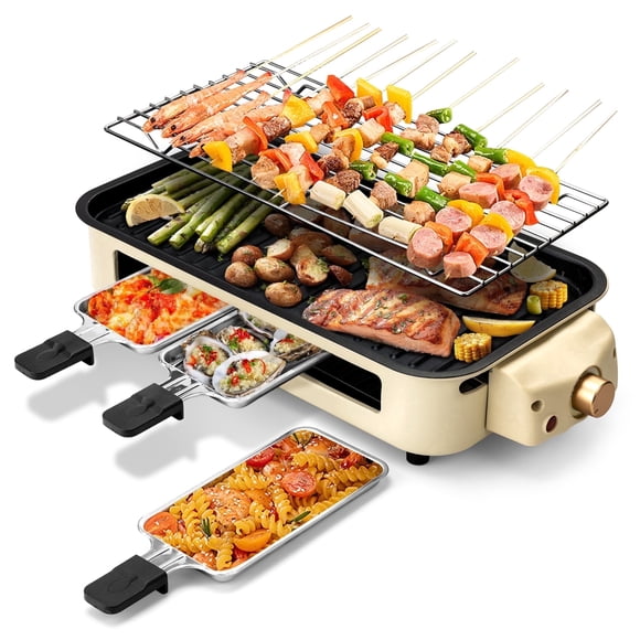 SUSLAS Electric Indoor Grill & Griddle, 1500W Smokeless Design with 3 Removable Nonstick Plates, Dishwasher Safe, Adjustable Temperature Control for Indoor Cooking(beige)
