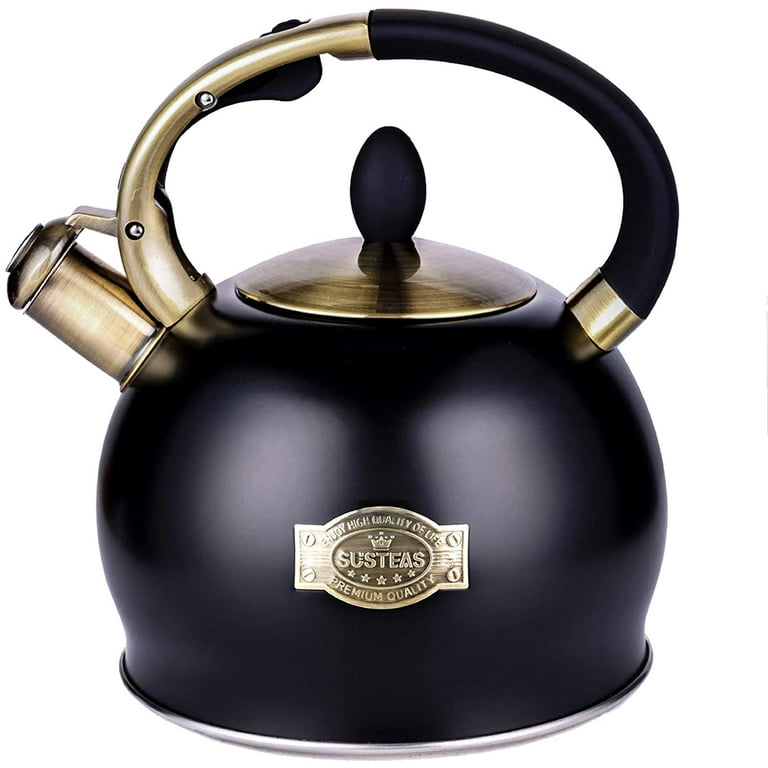 SUSTEAS Retro Tea Kettle for Stove Top, 2.64QT Whistling Teapot with  Ergonomic Handle, Black