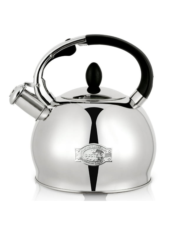 SUSTEAS Retro Tea Kettle for Stove Top, 2.64QT Whistling Teapot with Ergonomic Handle, Silver