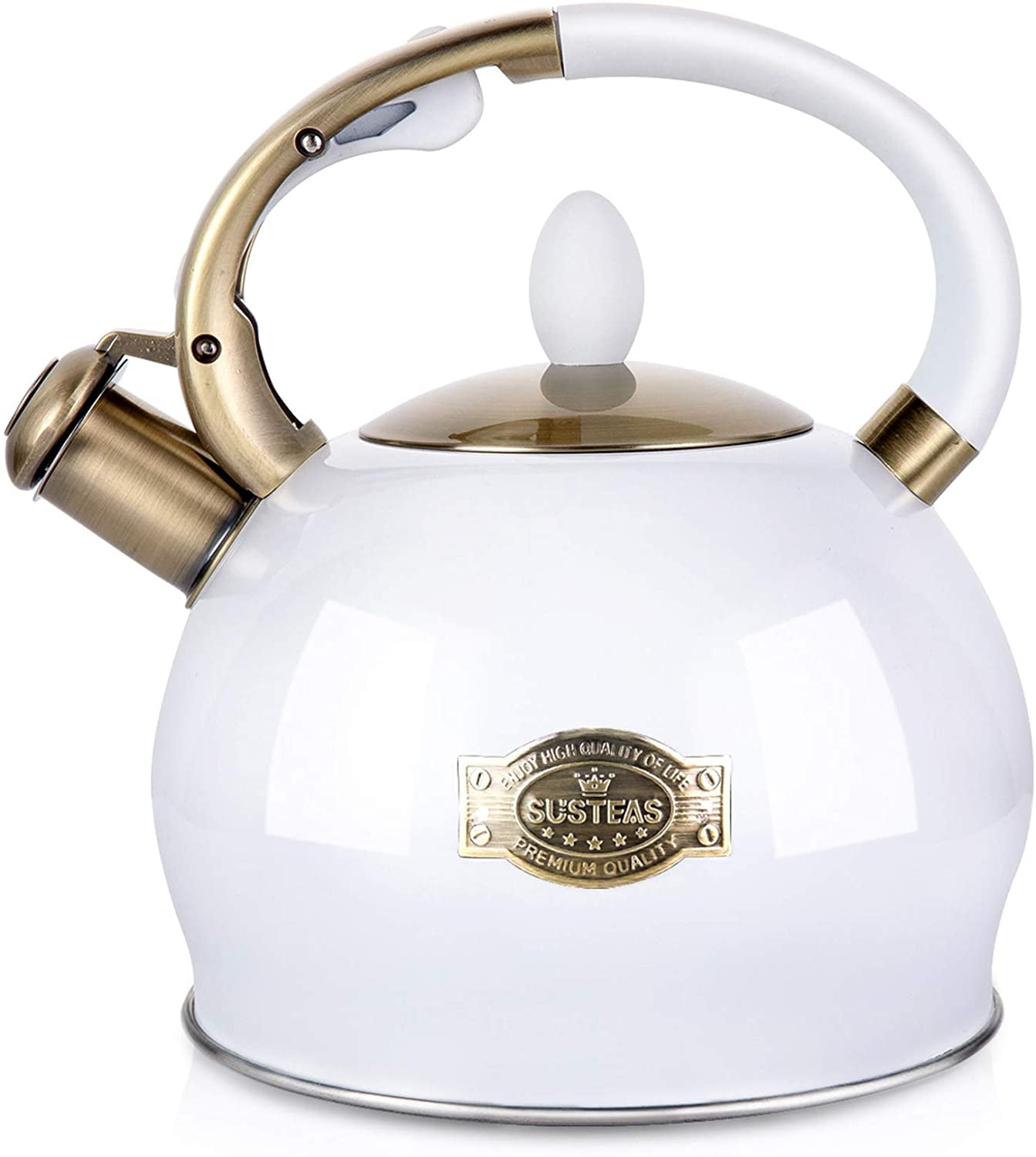 SUSTEAS Retro Tea Kettle for Stove Top, 2.64QT Whistling Teapot with  Ergonomic Handle, White 