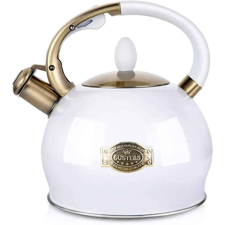 ROCKURWOK Tea Kettle Stovetop Whistling Teapot White, Stainless Steel, 1.6-Quart
