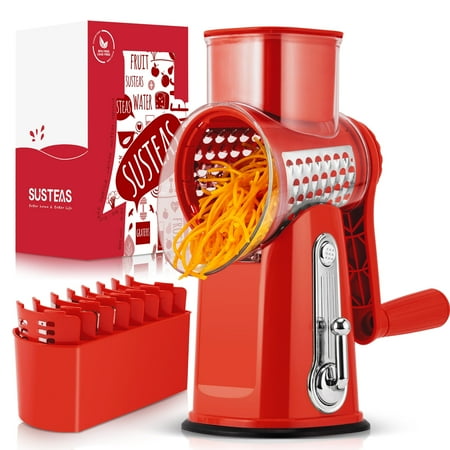 SUSTEAS Rotary Cheese Grater with Handle - Food Shredder with 5 Well-designed Blades & Strong Suction Base,Round Mandoline Slicer & Vegetable Grater for Kitchen,1 Bonus Blade Storage Box(Red)