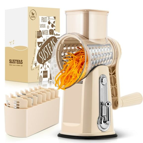 SUSTEAS Rotary Cheese Grater with Handle - Food Shredder with 5 Well-designed Blades & Strong Suction Base,Round Mandoline Slicer & Vegetable Grater for Kitchen,1 Bonus Blade Storage Box(Beige)
