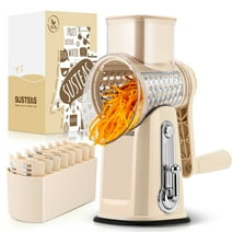 SUSTEAS Rotary Cheese Grater with Handle - Food Shredder with 5 Well-designed Blades & Strong Suction Base,Round Mandoline Slicer & Vegetable Grater for Kitchen,1 Bonus Blade Storage Box(Beige)
