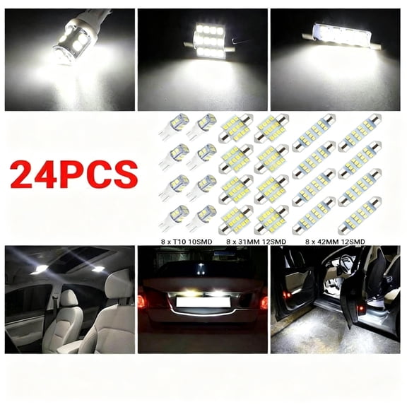 SUSUCAR 24PCS 6500K White LED Interior Lights Bulbs Kit High Bright Universal Fit for Car Dome Map Door Trunk License Plate Lamps