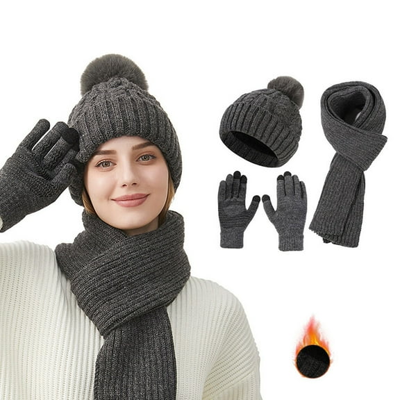 SUSUSU Autumn Winter Wool Set, Double Pile Knitted Hat Scarf Gloves, Women's Three-Piece