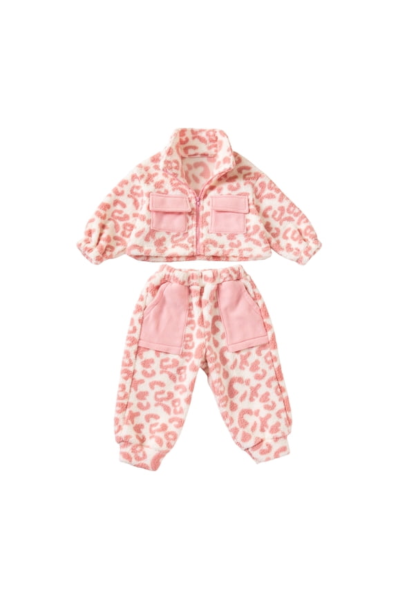 Girls Winter Tracksuit Set, Thermal Leopard Print Design, Long Sleeve Zip Hoodie and Pants, Cold Weather Outdoor
