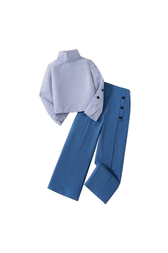 Teen Girls Autumn Set, Long Sleeve Stripe Shirt with Wide Leg Pants, Casual Outfit, Comfortable Daily Wear