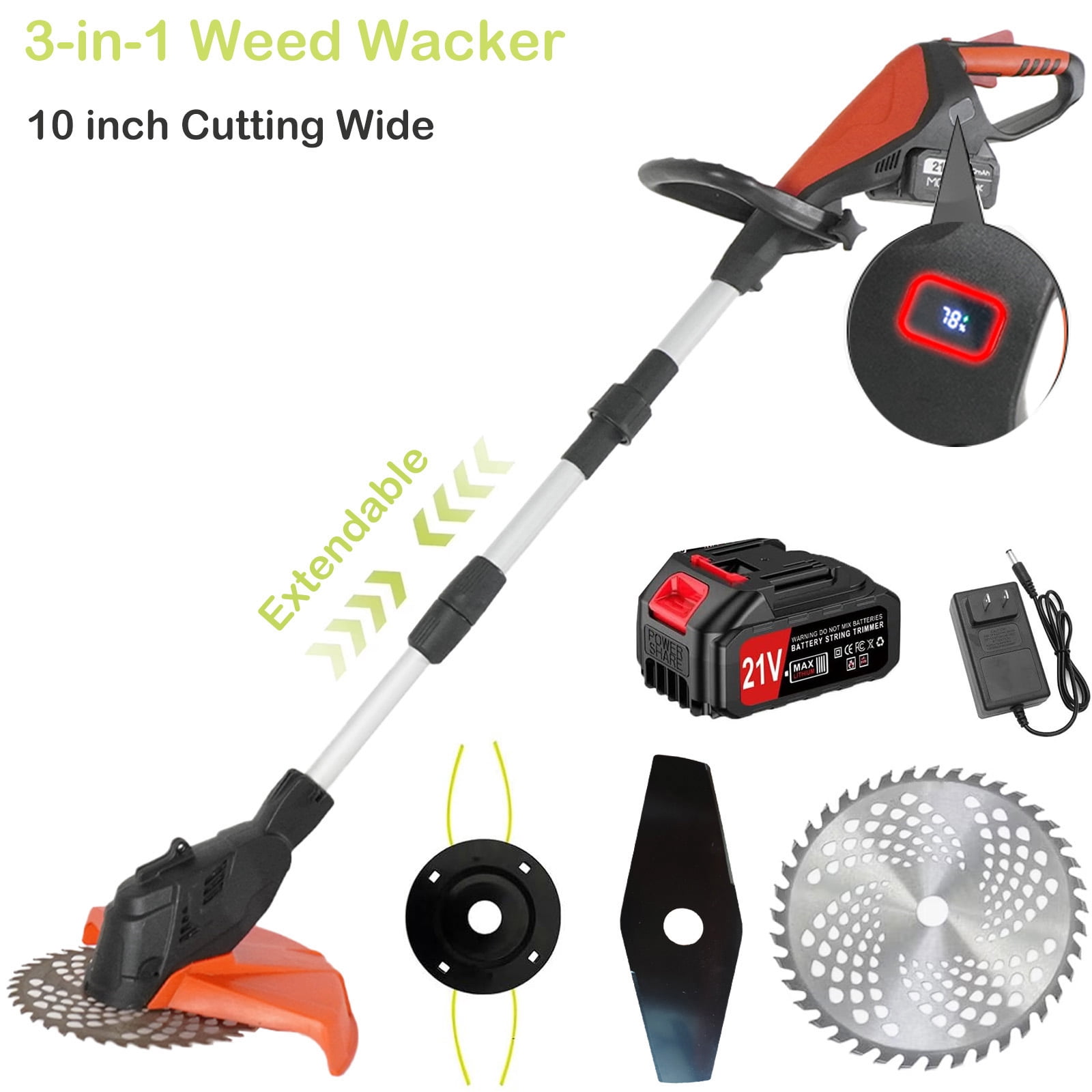SUSUZI 10" Cordless Electric String Trimmers, 20V Grass Trimmer w/ 2.0Ah Battery and 3 Types of Blades, Weed Eater Grass Trimmer/Edger/Brush Cutter for Lawn Yard Garden