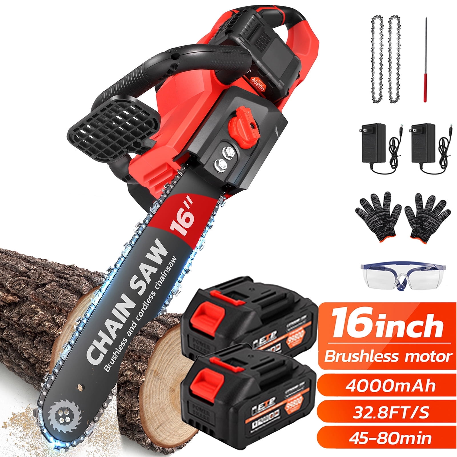 SUSUZI 16" Brushless Cordless Chainsaw, 42V 4000mAh Battery Powered Chain Saw with for for Wood Cutting