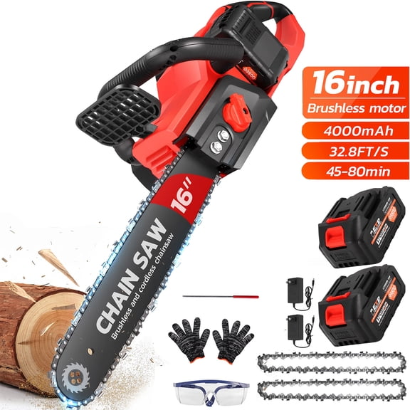 16" 42V Brushless Cordless Chainsaw Kit, 1200W Battery Powered Chain Saw with 22000mAh Batteries & 2 Chains, Electric Saw for Wood Cutting Tree Trimming