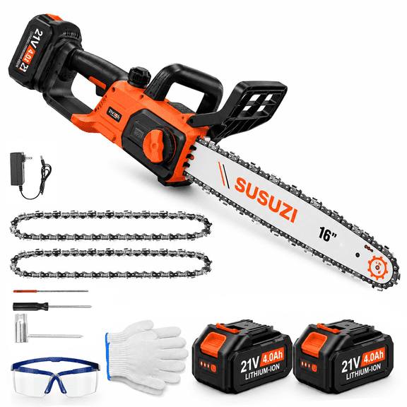 SUSUZI 16 Inch Cordless Chainsaw, 21V Brushless Electric Handheld Saw, 2x4.0Ah Batteries, Auto Oiler & Tool-Free Tension for Tree Trimming Wood Cutting