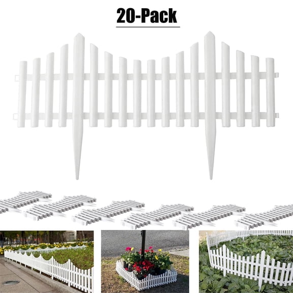 SUSUZI 40ftPlastic White Edging Garden Picket Fence Grass Lawn Flowerbed Plant Borders Home Decorative Landscape Path Panels 13in Tall Pack of 20