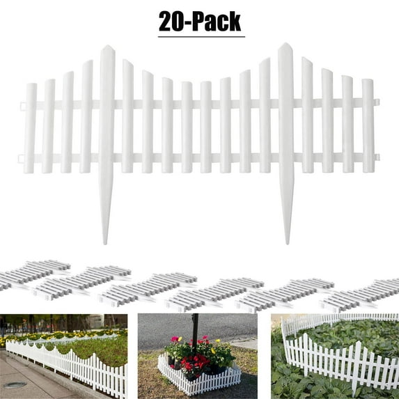 SUSUZI 20PCS Plastic White Edging Garden Picket Fence Grass Lawn Flowerbed Plant Borders Home Decorative Landscape Path Panels 13in Tall Pack of 20 (Overall Length 40 ft)