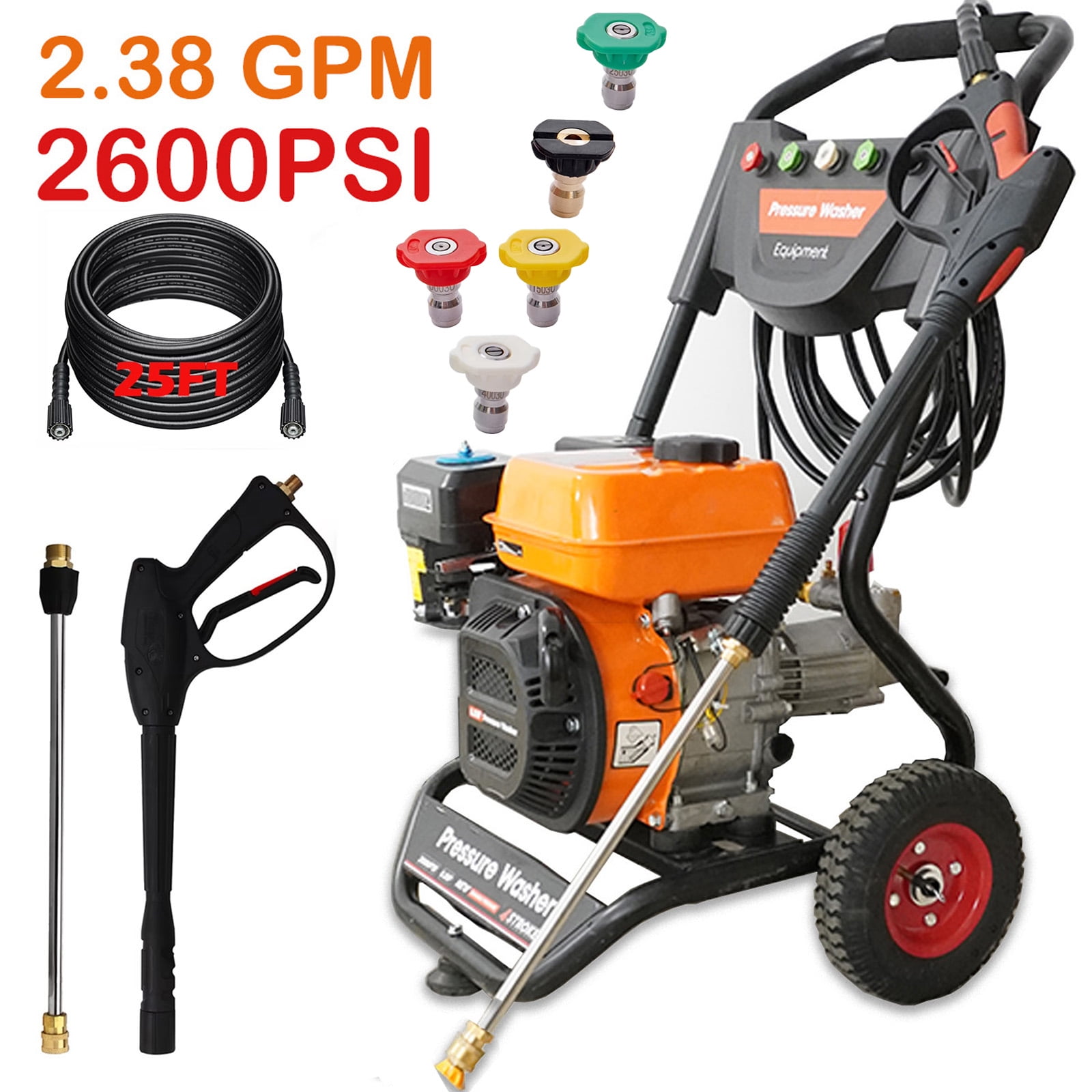 SUSUZI 2600PSI Gas Pressure Washer, 2.5GPM Gas Powered High Pressure Clean Machine with 212CC Engine for Heavy Duty Cleaning 4 Adjustable Nozzles for Cleaning Walls, Terraces, Vehicles, Gardens