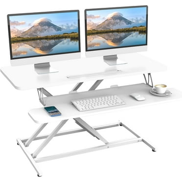 SUSUZI 37" Standing Desk Converter, 2 Tier Height Adjustable Sit Stand up Desk Riser, White