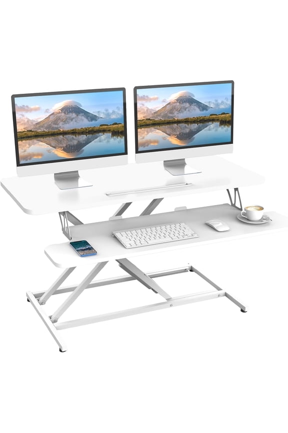37" Standing Desk Converter, 2 Tier Height Adjustable Sit Stand up Desk Riser, White