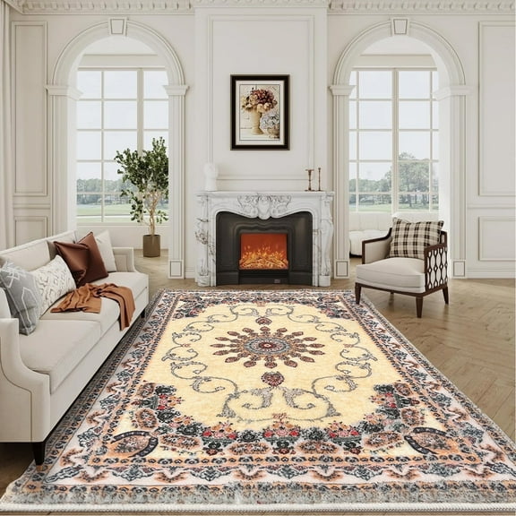 SUSUZI 5.3' x 7.5' Area Rug,Boho Living Room Rug, Washable Low Pile Non Slip Carpet for Bedroom, Dining Room, Retro Area Rug Indoor, Beige