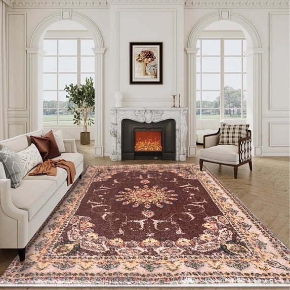 SUSUZI 5.3' x 7.5' Area Rug Boho Living Room Rug, Washable Low Pile Non Slip Carpet for Bedroom, Dining Room, Retro Area Rug Indoor