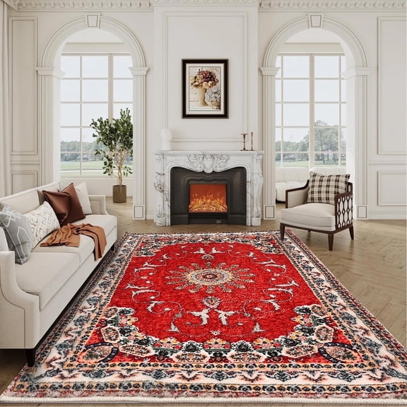 SUSUZI 5x7 Area Rug, 5.3' x 7.5' Boho Floral Vintage Rug for Living Room Bedroom, Washable Low Pile Non Slip Carpet, Soft Indoor Rug for Dining Room Home Decor
