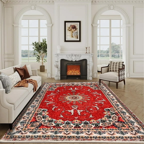 SUSUZI 5.3' x 7.5' Area Rug Boho Living Room Rug, Washable Low Pile Non Slip Carpet for Bedroom, Dining Room, Retro Area Rug Indoor