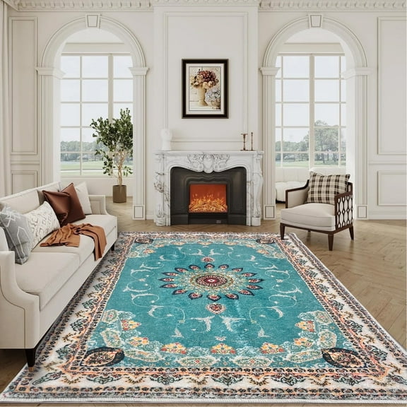 SUSUZI 5.3' x 7.5' Area Rug Boho Living Room Rug, Washable Low Pile Non Slip Carpet for Bedroom, Dining Room, Retro Area Rug Indoor, Light Blue