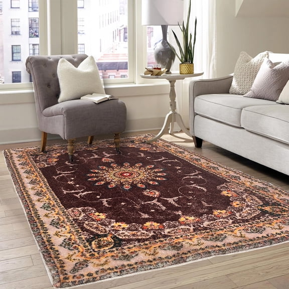 SUSUZI 5.3' x 7.5' Boho Area Rug – Washable Low Pile (0.4") Non Slip Carpet for Living Room Bedroom Dining Room, Retro Floral Premium Polyester Rug