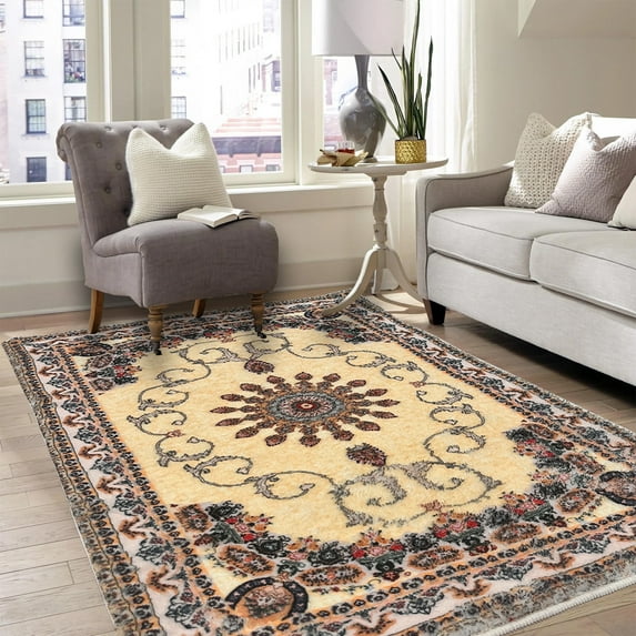 SUSUZI 5.3' x 7.5' Boho Area Rug – Washable Low Pile (0.4") Non Slip Carpet for Living Room Bedroom Dining Room, Retro Floral Premium Polyester Rug